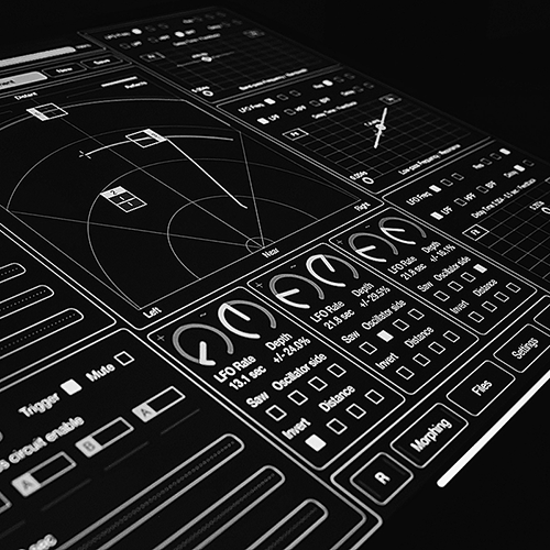 Digital audio touch console displaying complex control layouts for synthesis LFO rate and depth.